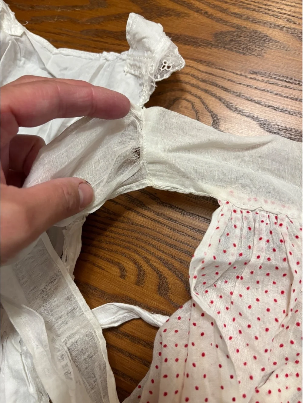 2 Vintage Child-Size Aprons - White Eyelet Pinafore & Red Polka Dot 1/2 Apron